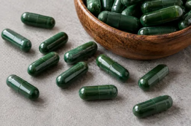 NutriAlgo organic green spirulina capsules in a clear glass jar