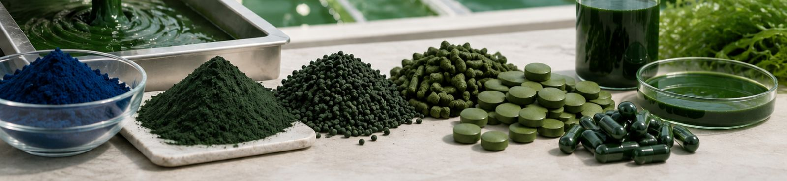 Spirulina powder, spirulina tablets, spirulina puree and phycocyanin-rich spirulina products by Nutrialgo
