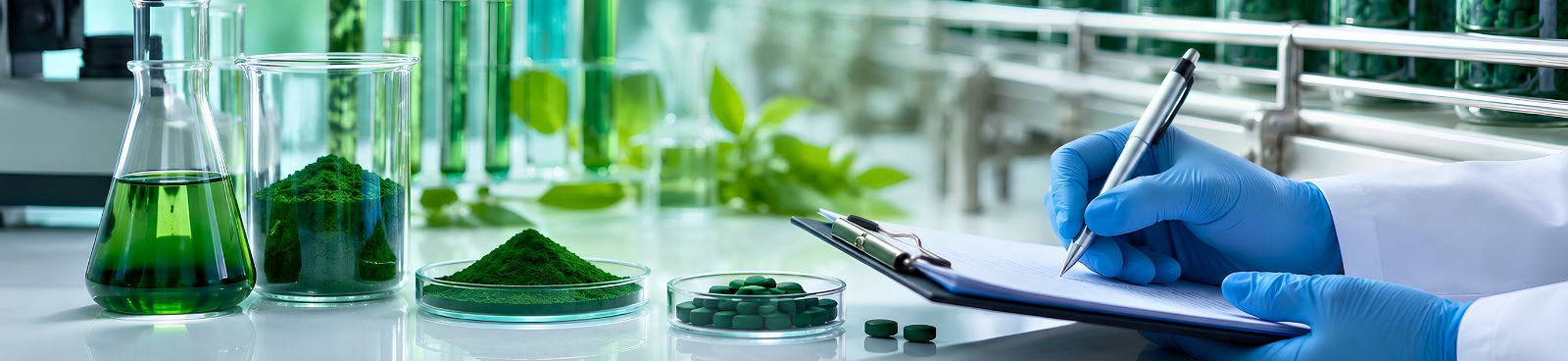 Quality assurance laboratory with testing equipment and quality control processes at Nutrialgo's spirulina manufacturing facility