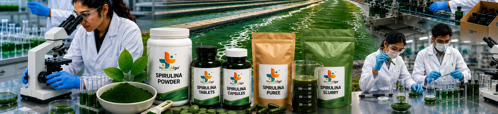 Nutrialgo spirulina contract manufacturing, private label, product development and B2B manufacturing services banner featuring spirulina powder, tablets, capsules and feed solutions.