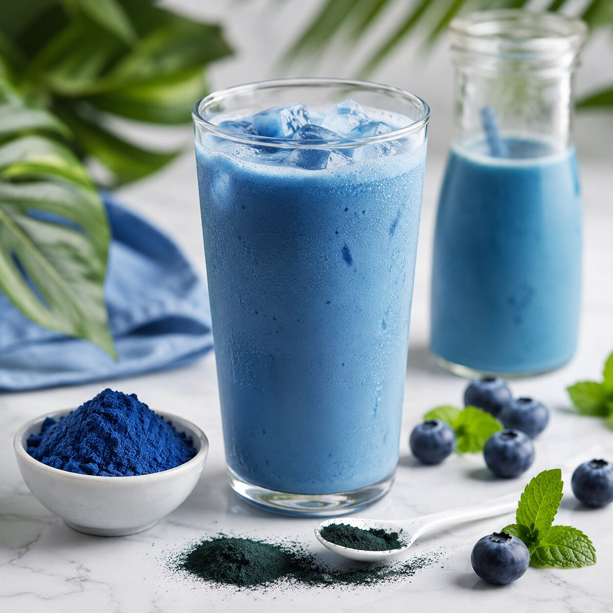 Blue beverage made with spirulina-derived phycocyanin with blueberries and mint