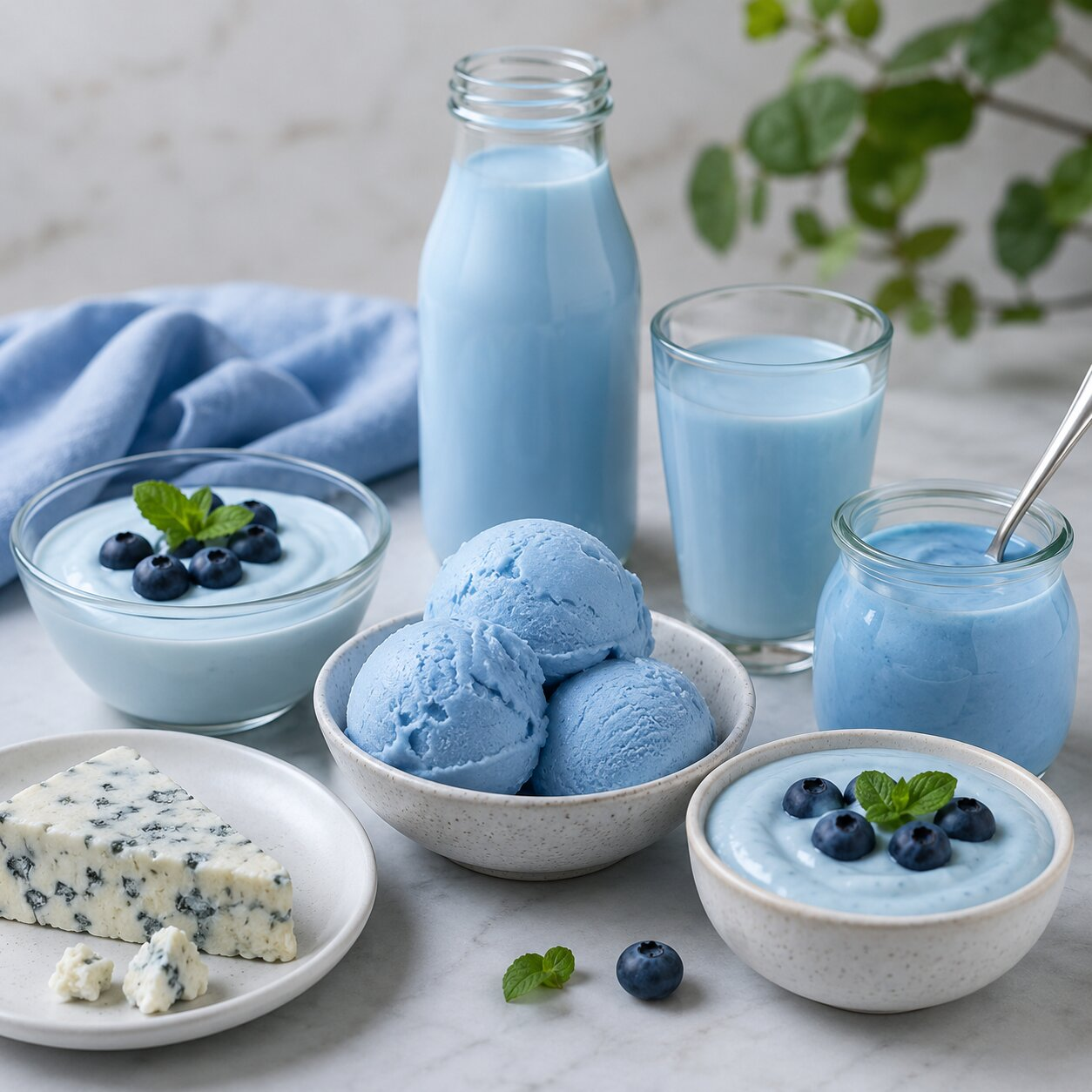 Blue dairy products including yoghurt, milk and ice cream with spirulina-derived natural colour