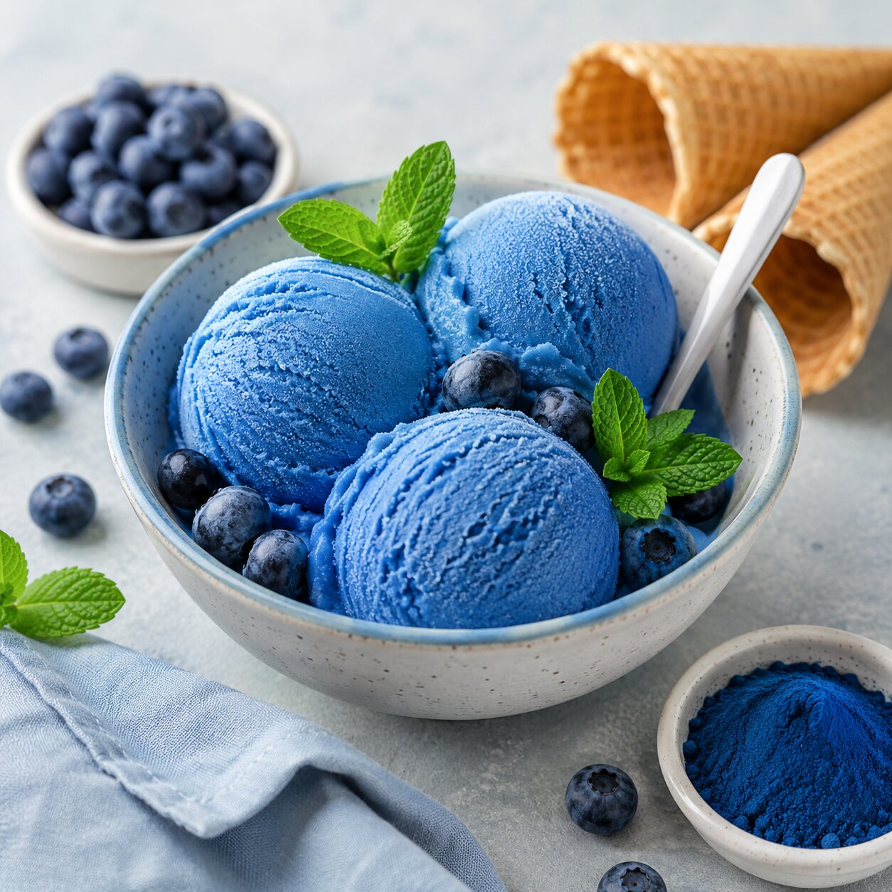 Blue spirulina frozen dessert in a bowl with blueberries, mint and ice cream cones